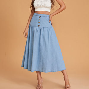 थोक कस्टम बटन फ्रंट फ़्लारेड डेनिम स्कर्ट लंबी जेलियन लड़कियों डेनिम स्कर्ट - Product Image 5