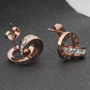 Rose Gold Stainless Steel <b>Stud</b> <b>Earrings</b> With Roman Numerals And Diamond Channel Setting 12mm Round Double Layer Design - Product Image 3