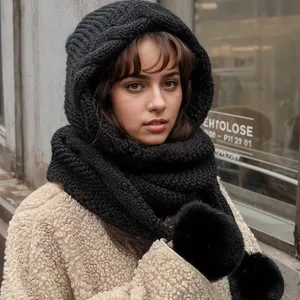 Ensemble bonnet et écharpe d'hiver pour <span class=keywords><strong>femme</strong></span> - 2 pièces - Bonnet en coton thermique avec pompon et <span class=keywords><strong>cagoule</strong></span> - Motif uni pour <span class=keywords><strong>froid</strong></span> extrême - Product Image 3