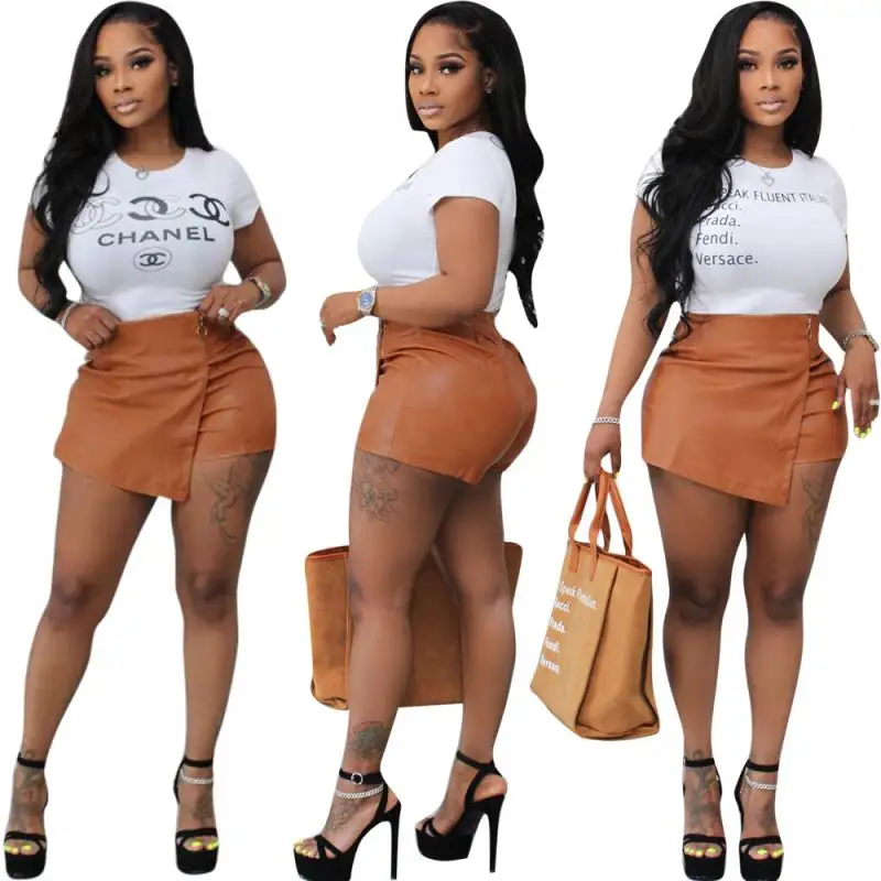 2022 Summer PU Leather Shorts 2 in 1 Design Mini Shorts with New Brown Skirt Shorts Women