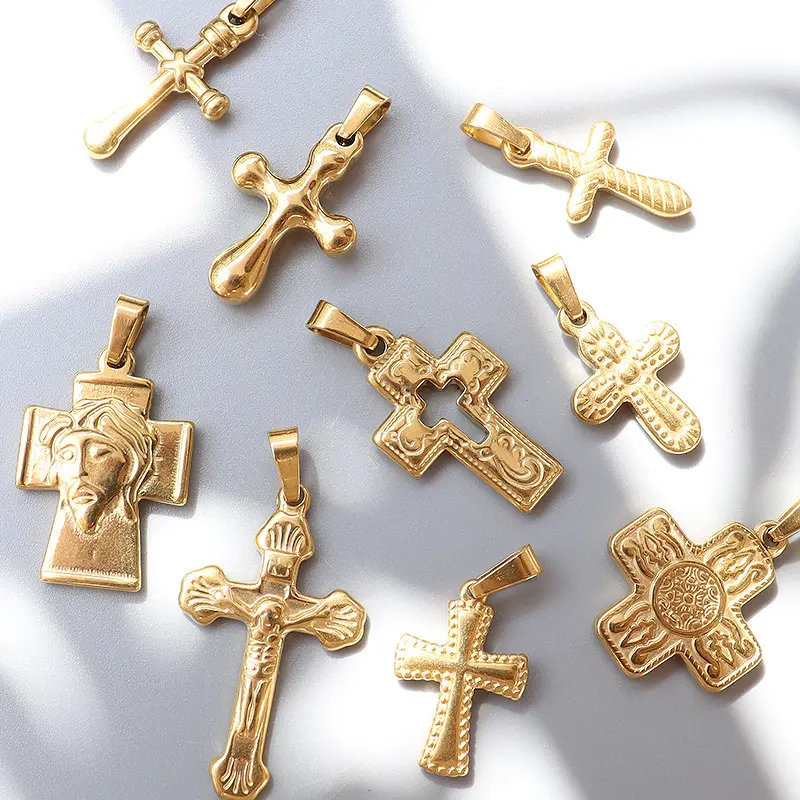 Wholesale Custom Pendant Stainless Steel Gold Diy Jewelry Making Vintage Jesus Cross Charm Pendant Bracelet Necklaces Charm