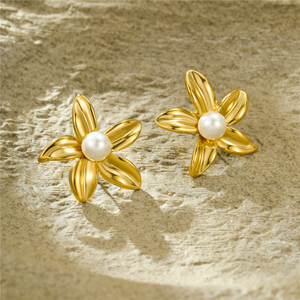 Pendientes de Moda para Mujer con Diseño Floral Chapado en Oro de 18K Estilo Coreano Vintage, Venta al por Mayor de Pendientes de Perlas para Uso Diario - Product Image 1
