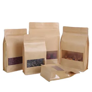 咖啡包装用牛皮纸袋直立袋，带窗口食品拉链棕色袋