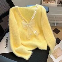 Frühling Damen Neuerscheinung V-Ausschnitt Schleifenkragen Perlenbesetzter Mohair Damen Strickpullover