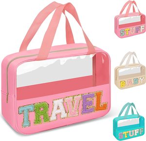 Bolsa de viaje de maquillaje de PVC impermeable de alta calidad, venta al por mayor, bolsa transparente con cremallera de chenilla, bolsa de cosméticos para <span class=keywords><strong>niñas</strong></span> con asa transparente - Product Image 1