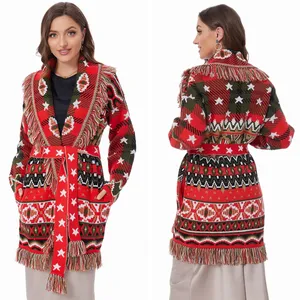 Hiver Manches Longues Haute Qualité Laine Jacquard Tassel Col Rabattu Noël Rouge Cardigans Surdimensionnés