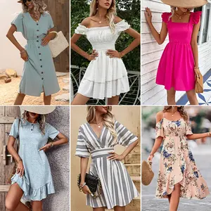 Saia de fábrica roupas de estoque feminina, vestido casual para mulheres