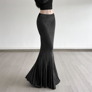 Falda larga retro de punto con costuras en contraste, estilo gótico oscuro, corte sirena, cintura alta y ajuste ceñido para mujer - Product Image 4