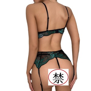 Nuevo conjunto de lencería erótica de tres piezas con encaje transparente de calidad de exportación, con bloques de color, cuello en V y liguero. - Product Image 5