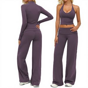 Completo Sportivo da Donna con Pantaloni a Zampa ad Asciugatura Rapida, Giacca a Maniche Lunghe per Attività all'Aperto, Set Yoga - Product Image 1