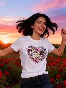 JWISUINIT T-shirt da donna a maniche corte con scollo rotondo, stampa con cuore e design floreale, casual, primavera estate, 100% cotone jersey - Product Image 3