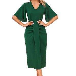 Vestidos Midi de Mujer al por Mayor, Personalizados, OEM, de Alta Calidad, con Cuello en V, Color Sólido, Cintura Ajustada, Mangas con Volantes, Diseño Elegante - Product Image 1