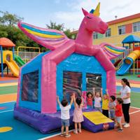 Château gonflable DST Unicorn Pegasus en PVC, capacité supérieure à 500 kg, dimensions 4x4x4 m, ailes arc-en-ciel, thème rose/bleu/violet