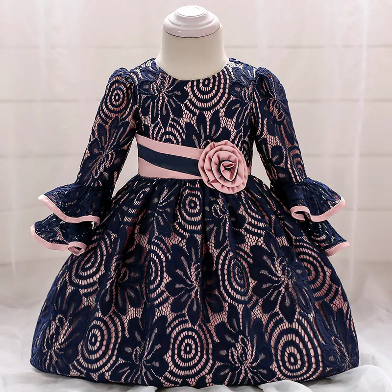 Vestido de renda infantil para bebês, vestido de manga longa com forro de algodão, vestido de dama de honra para meninas, feito de mão