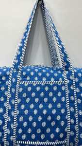 Blue Cotton Duffle Bag With White Pattern Zipper Closure Bohemian Style <b>Travel</b> Weekend <b>Holdall</b> All Seasons Use - Product Image 4