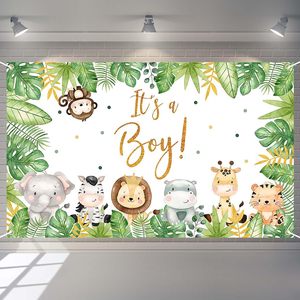 Fundo para fotos com tema de folhas tropicais, animais, para chá de bebê, revelação do gênero, banner personalizável - Product Image 1