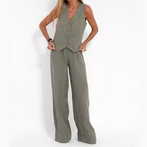Gran oferta, traje de moda informal para mujer, chaleco sin mangas de retazos con estilo sólido y Pantalones rectos de cintura alta, un conjunto - Product Image 1