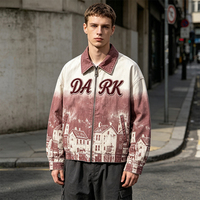 Veste zippée à revers pour homme, motif maison dégradé personnalisé, broderie de lettres, coupe oversize, effet délavé, style streetwear vintage