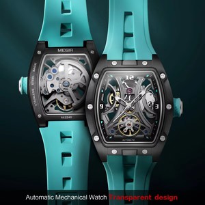 Reloj Mecánico Deportivo de Moda MEGIR <span class=keywords><strong>para</strong></span> <span class=keywords><strong>Hombre</strong></span>, Reloj de Pulsera Automático de Cuerda Automática con Correa de Silicona y Esfera Transparente Tipo Tonneau - Product Image 5