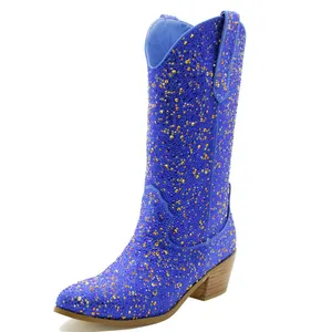 factory wholesale shoes lady fashion rhinestone mid-calf boots autumn winter elegant party boots blue mid heel Women Boots