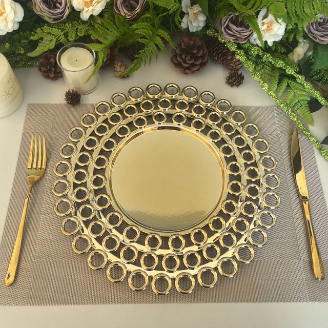 Gold Silver 13inch Plastic Charger Plates Gold Hollow Out Edge Design Hotels Weddings Parties Charger Plate Party Wedding Decor