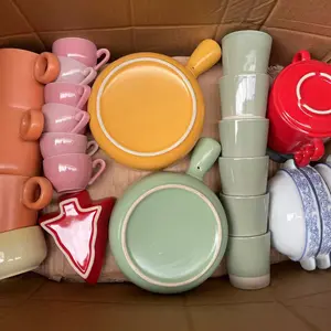 Cheap Color glaze Ceramic stock porcelain tableware plates bowls cups ready in stock sell by ton Export to Southeast Asia