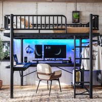Lit mezzanine moderne en métal pleine taille avec bureau, station de charge, éclairage LED, tringle suspendue et rangement pour appartement et dortoir ODM OEM