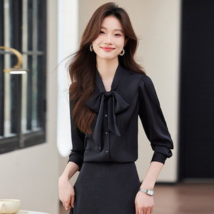 Light Green Satin Blouse With Bow Tie Long Sleeve Office Shirt Women's Elegant Professional Top Solid Color Polyester Fabric - Product Image 3