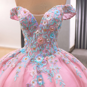 Robe de soirée d'été rose à épaules dénudées avec broderie de sequins et fleurs, style bouffant en organza, pour fêtes, Rsm241084E - Product Image 6