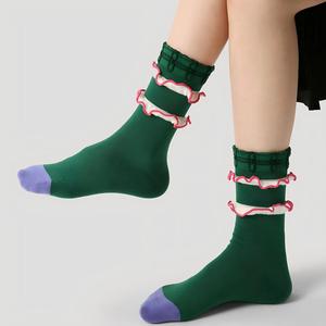 Nouvelles chaussettes pour femmes <span class=keywords><strong>vert</strong></span> émeraude à double volant, bordure rose, bout contrastant violet, chaussettes vintage extensibles et anti-humidité - Product Image 3