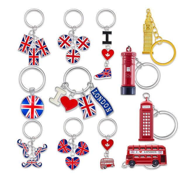 Iconic UK Souvenir Metal Keychain Big Ben Tower Red Post Box Union Jack Flag Keyring for London Trip Keepsake Pin
