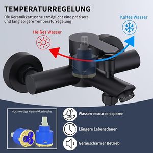 Robinet de bain avec douchette, mitigeur mural noir mat, 2 sorties, mitigeur monocommande avec bec de bain - Product Image 5