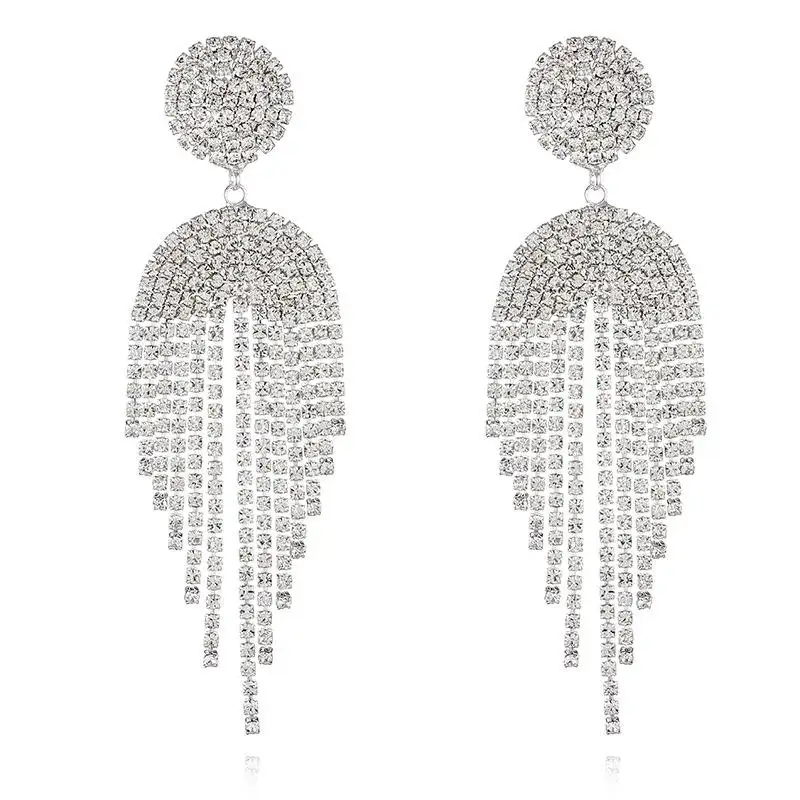 Popular Jewelry Pendant Exaggerated Sparkling Icing Crystal Earrings Wedding Party Long Tassel Stud Earrings