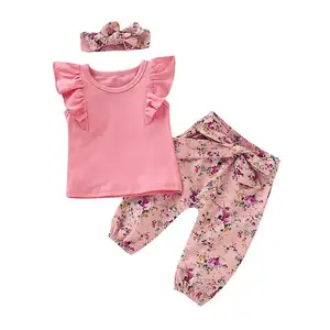 Hot Sale Summer Ruffles Sleeve Underwear and Flower Pant Infant Clothing Set Toddler Baby Girl Outfit Set Clothes
