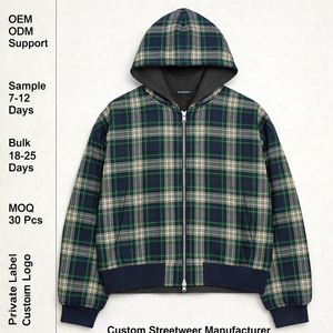 Felpa con cappuccio <span class=keywords><strong>da</strong></span> uomo oversize in cotone felpato pesante 480 g/m² con stampa tartan, maniche a palloncino e zip, personalizzabile con logo - Product Image 1