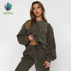 Yanzhui Hochwertiges Warmes Cord-Damen-Set Winter Einfarbiges Zweiteiler-Set Modischer O-Ausschnitt Sweatshirt Jogginganzug - Product Image 2