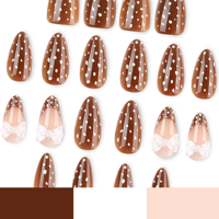 Faux ongles marron amande à presser avec pois blancs et motif nœud, embouts brillants réutilisables pour fêtes, rendez-vous, mariages, manucure 4562