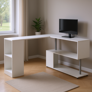 Modern <b>L</b>-<b>Shaped</b> Home Office <b>Desk</b> 55 Inch <b>White</b> With 3 Tier Storage Shelves Computer Workstation Corner <b>Desk</b> - Product Image 2