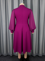 AM050651 Robe décontractée élégante pour femme, coupe trapèze, en mousseline, à col montant, avec découpes, manches longues lanternes, longueur midi, violette, grande taille, pour l'automne