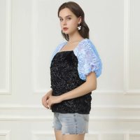 T-shirt court personnalisé à manches bouffantes, style rétro chic, effet froissé 3D, respirant, col carré avec poignets à volants