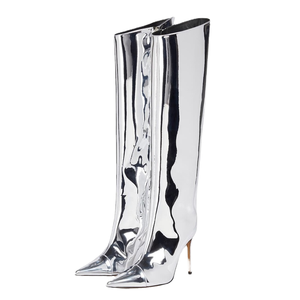 Botas de Tacón Alto y Fino, Puntiagudas, de Cuero Brillante, Color Dorado y Plateado, con Lámina Metálica Láser, Diseño de Serpiente, Botas de Moda Talla 42 - Product Image 3