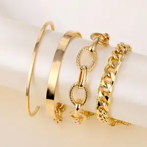 2023 TS Fashion Bracelet Femme Jewelry Hiphop Big Thick Chain Bracelet Set Women Retro Geometric Metal Twist Chain Bangles