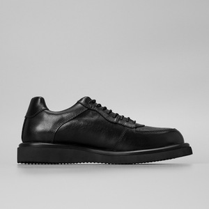 Black Genuine Leather <b>Round</b> Toe Court Sneakers Lace-up Rubber Outsole EVA Midsole <b>Cushioned</b> All Seasons Casual Shoes - Product Image 3