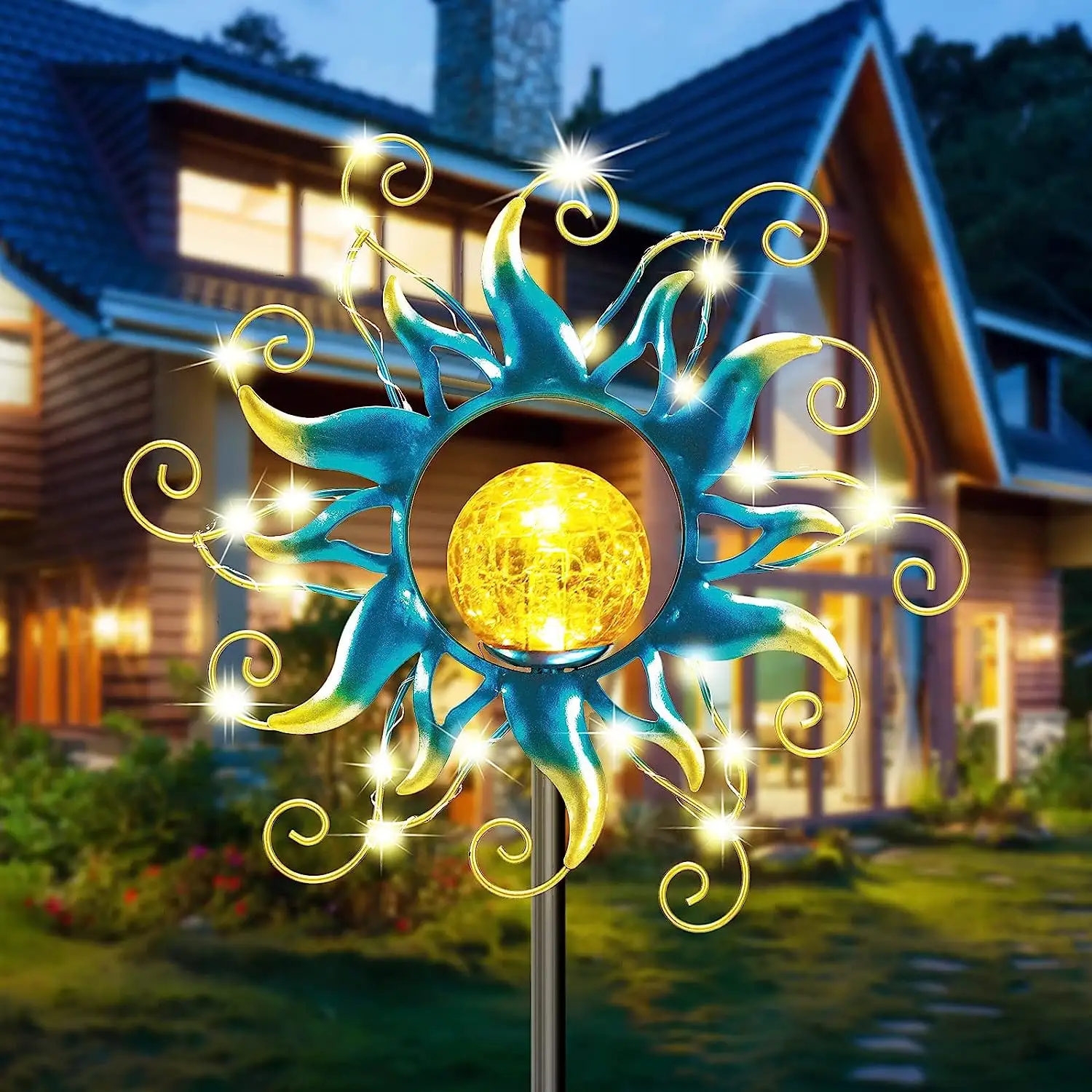 Amazon Hot Selling Led Ground Stake Lawn Lights Sun Shape Solar Stake Light For Outdoor Led Stake For Garden