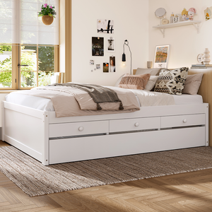 Full Platform <b>Bed</b> with Trundle and 2 Drawers Modern Soft <b>Bed</b> Adjustable <b>Convertible</b> Solid Wood with Power Strip - Product Image 5