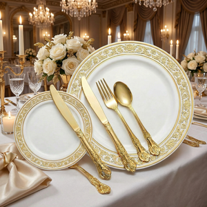Assiettes en plastique dorées pour fête, ensemble d'assiettes jetables dorées, comprenant assiette, couteau, fourchette, cuillère, <span class=keywords><strong>service</strong></span> <span class=keywords><strong>de</strong></span> <span class=keywords><strong>vaisselle</strong></span> en plastique exquis - Product Image 4