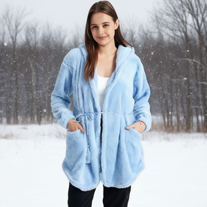 Manteau à capuche en fausse fourrure pour femme, manches longues, ceinturé, avec poches, hiver, décontracté, en polaire épaisse, tricoté, couleur unie, manches complètes - Product Image 2