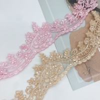 9cm Hauteur Floral Brodé Cordon Rose Maille Dentelle Garniture Avec Paillettes En Gros