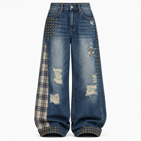 Jeans Baggy Homme Personnalisés B2B 14OZ en Denim Lourd Effet Vieilli avec Patchwork à Carreaux et Rivets Style Streetwear – Vente en Gros OEM ODM Marque Privée
