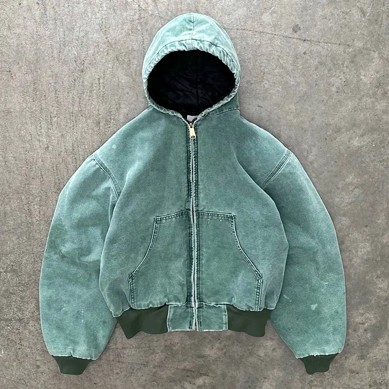 Sweat-shirt à capuche avec cordon de serrage personnalisé de haute qualité délavé à l'acide surdimensionné Veste à capuche avec fermeture éclair en denim délavé au soleil